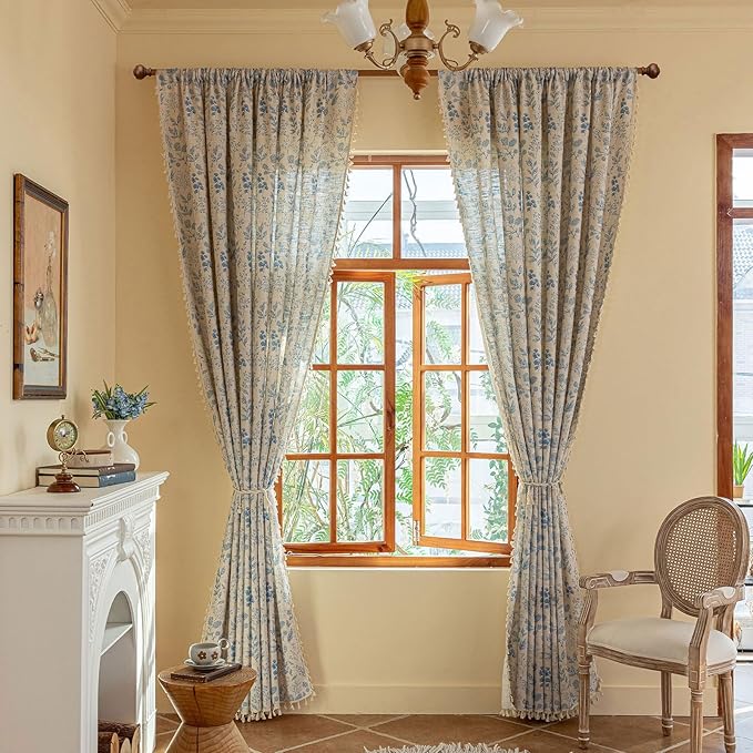 ENJOYBRIDAL Blue Floral Curtains 96 Inches Long 2 Panels Semi Sheer Living Room Drapes Boho Aesthetic Bedroom Farmhouse Window Curtain Panels Tassel Decorative Rod Pocket Window Treatments
