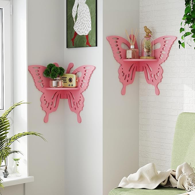 Butterfly Corner Shelf Nursery Wall Deor Floating Corner Shelf for Kid’s Room, Small Cute Decorative Shelf Wall Mounted, Pink Hanging Hollow Out Shelf for Toys, Plants and Decorations Storage, Pink