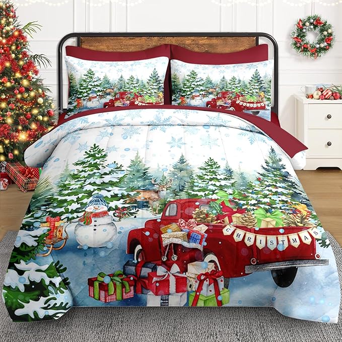 7 Pcs Queen Size Christmas Comforter Set with 2 Pillowcases & 2 Shams, Red Vintage Truck Snowman Bedding for Kids and Adults, Winter Snow Forest Elk Bed in a Bag with Flat Fitted Sheet