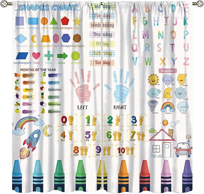 Kids Educational Alphabet Curtain,Boho Watercolor Alphabet Pastel Numbers Shapes Colors for Girls Child Nursery Home Kids Printed Rod Pocket Blackout Window Drapes for Bedroom Living Room 42"W X 45"L