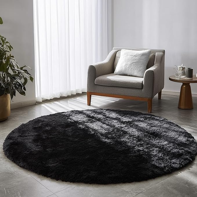 Black Small Round Rug 3Ft for Bedroom, Fluffy Circle Area Rugs for Living Room Decor Aesthetic, Shaggy Furry Circular Floor Carpet for Office Playroom Nursery Classroom, Modern Baby Kid Teen Boy Rug