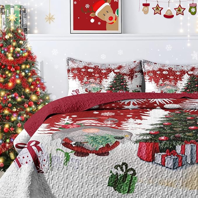 Christmas Full/Queen Size Quilt Set, Cute Gnome Lightweight Bedspread Coverlet with Pillow Shams for Kids and Adults, Merry Xmas 3 Pcs Bedding Bed Cover