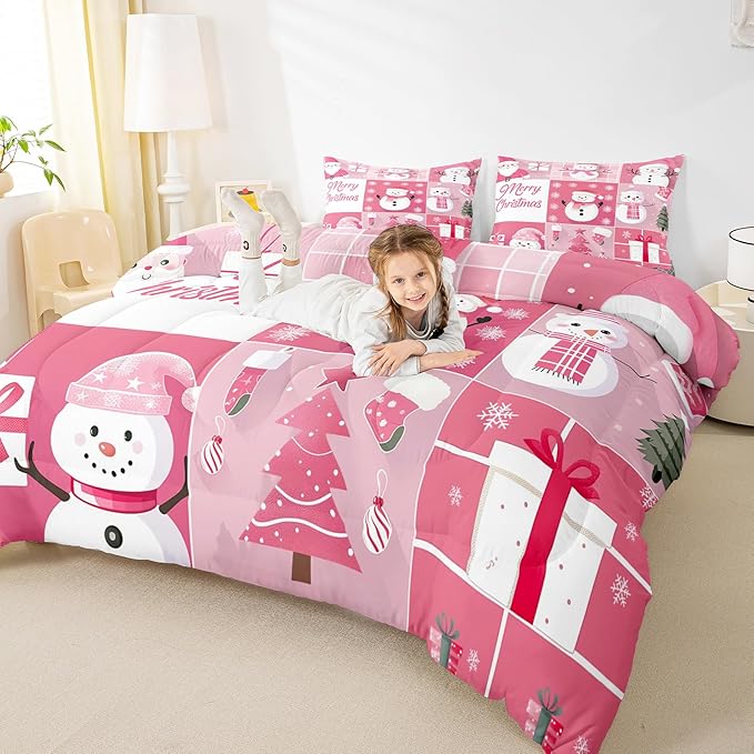 Xmas Bedding Set Full Size,Snowman Christmas Tree Snowflake Comforter Set for Kids Boys Girls Room Decor,Pink Plaid Patchwork Duvet Insert 3Pcs,Merry Christmas Cartoon Quilt Set,2 Pillowcases