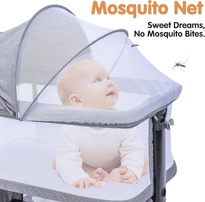 Bedside Bassinet, 3-in-1 Baby Bassinet Bedside Sleeper with Mosquito Net, Adjustable Height, Portable Baby Crib with Wheels, Breathable Mesh & Storage Basket
