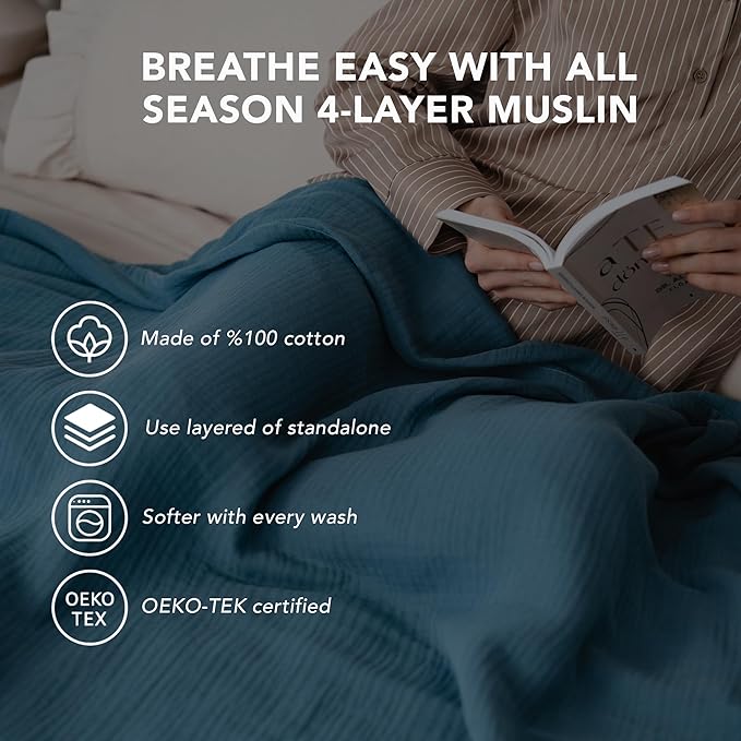 Goqan Muslin Blanket Twin 55x79 – 100% Cotton 4 Layer Boho Muslin Blanket for Adults, Lightweight, Soft, Breathable, for Bed, Couch - Teal