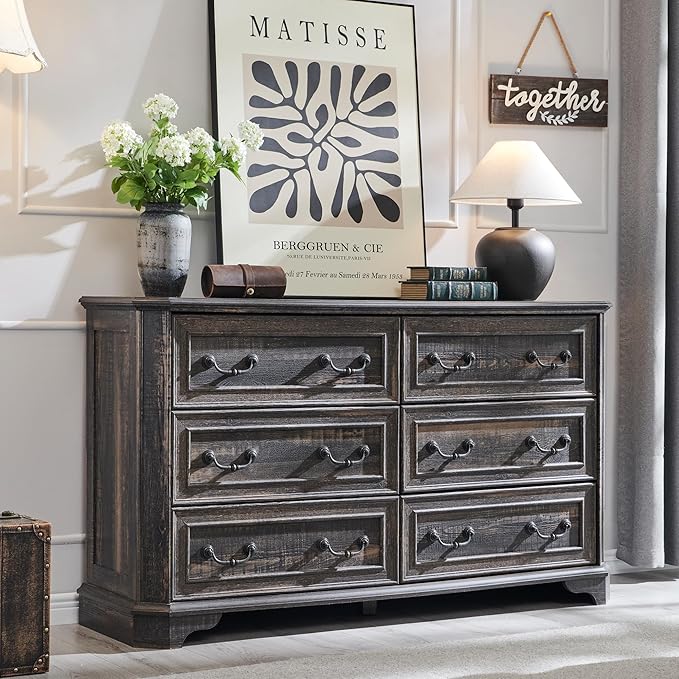 T4TREAM Farmhouse 6 Drawers Dresser for Bedroom, 54" Wide Wood Rustic Chest of Drawers with Natural Texture, Vintage Design, Storage Dressers Organizer for Bedroom, Living Room, Dark Rustic Oak