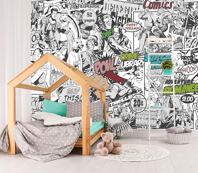 XMPMBM-Cartoon Hand-Painted Comics Nursery Room Fabric Wallpaper Kids Gaming Room Graffiti Bedroom Wall Mural-W 154" X H 105"（112 Square Foot）