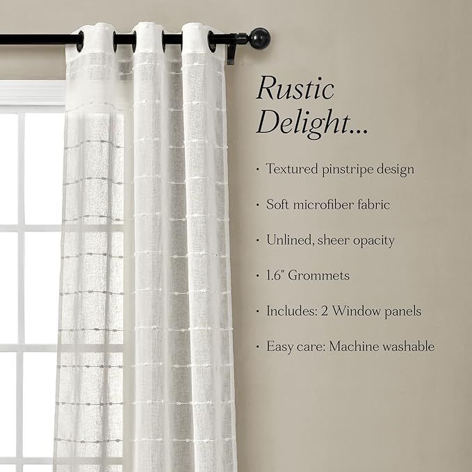 Lush Decor Farmhouse Textured Grommet Sheer Window Curtain Panel Pair, 38"W x 95"L, White