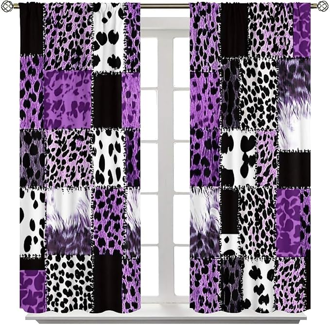 Brown Leopard Curtain, Purple Patchwork Cheetah Panthera Zebra Giraffe Print Safari Wildlife African Wild Animal Skin Window Curtains for Living Room Bedroom 42" W X 63" L