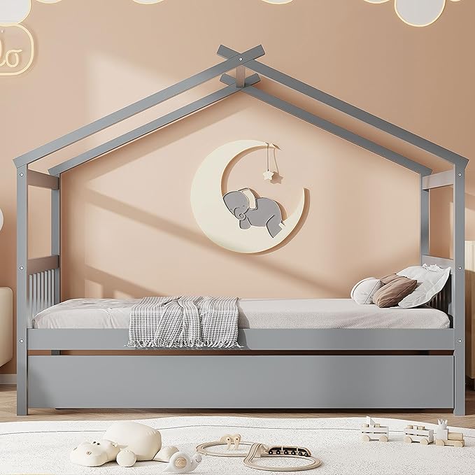 Merax Twin Size Wooden House Bed with Trundle, Wood Bed Frame with Roof for Kids, Teens, Boys or Girls, Grey