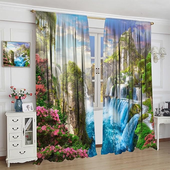 Forest Waterfall Blackout Curtain, Watercolor Tropical Jungle Waterfall Spring Flower Natural Scenery Pattern Window Drapes, for Bedroom Living Room 84" W X 84" L
