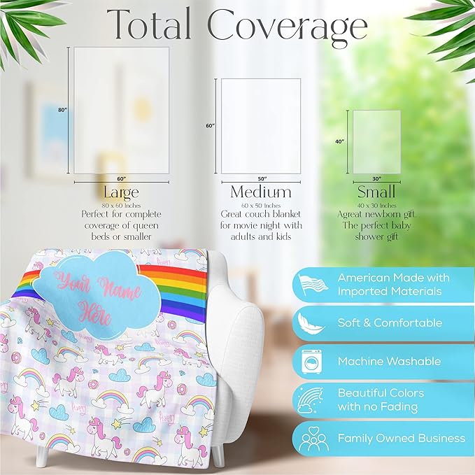 Personalized Rainbow Unicorn Throw Blanket for Girls and Boys with Custom Name, Cute Soft Bedding for Nursery Room or Tummy Play, Warm and Plush (Sherpa 60x80)