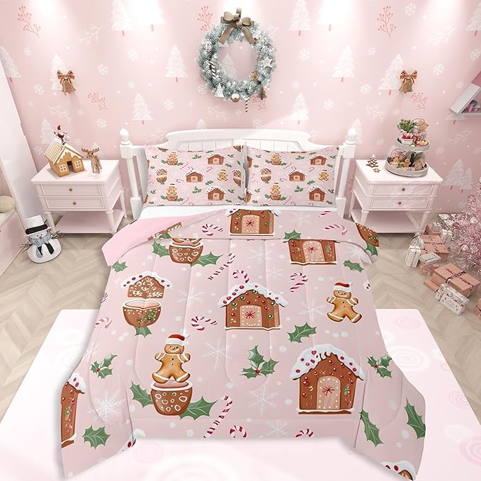 Feelyou Pink Christmas Comforter Set All Season Gingerbread Man Bedding Set with 1 Pillow Cases Christmas Pastry Microfiber Kids Toddler Bedclothes Candy Cane Bedroom Decor Duvet Quilt Breathable Soft