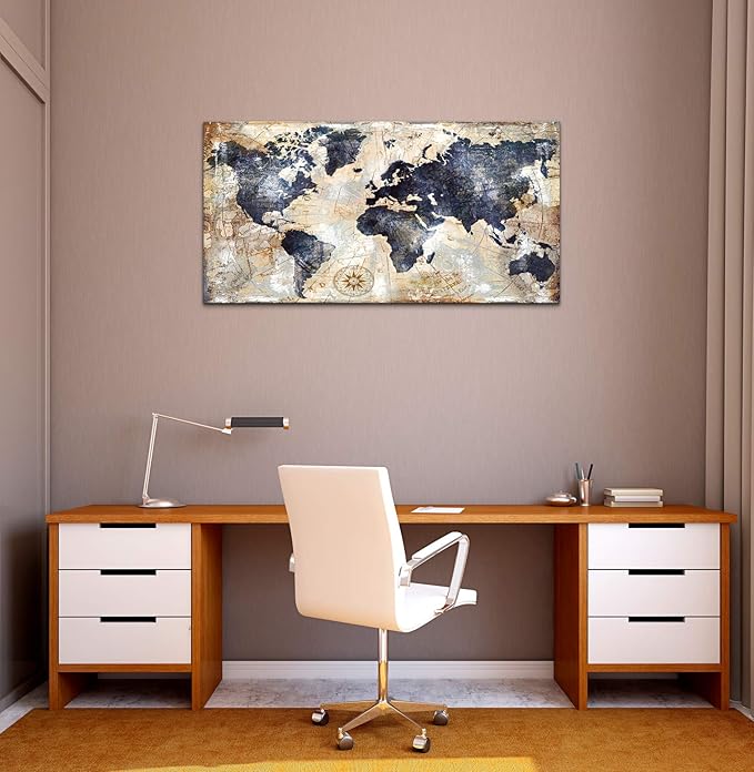 World Map Wall Art Framed Art Print Picture Wall Art Decor Home Interior - Map Picture for Office Wall Decor Canvas Artwork 20x40inch Ready to Hang