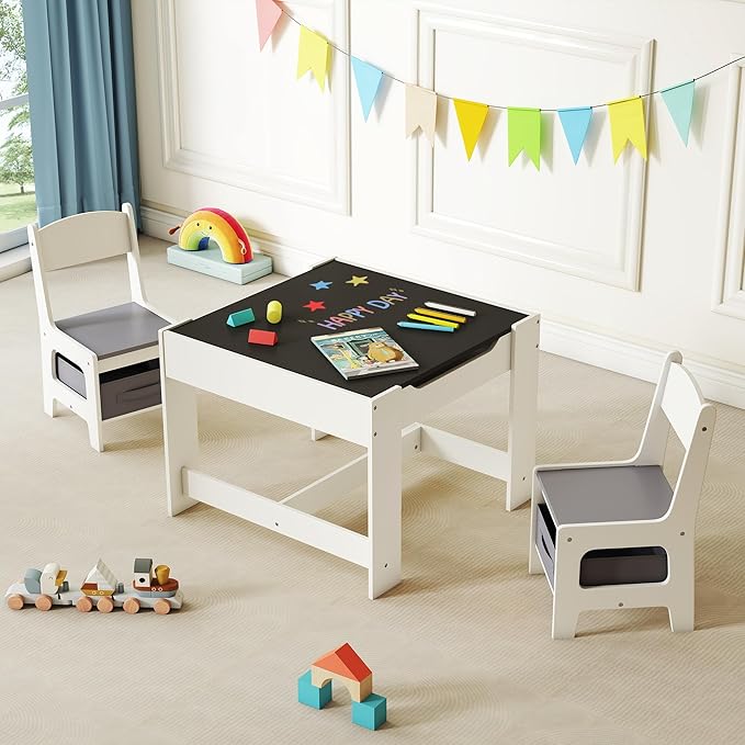Kids Table and Chair Set, 3 in 1 Wooden Activity Table with Detachable Tabletop, Toddler Table and Chair Set with Storage Drawer, Kids Play Table for Children Art, Craft, Eating, Learning