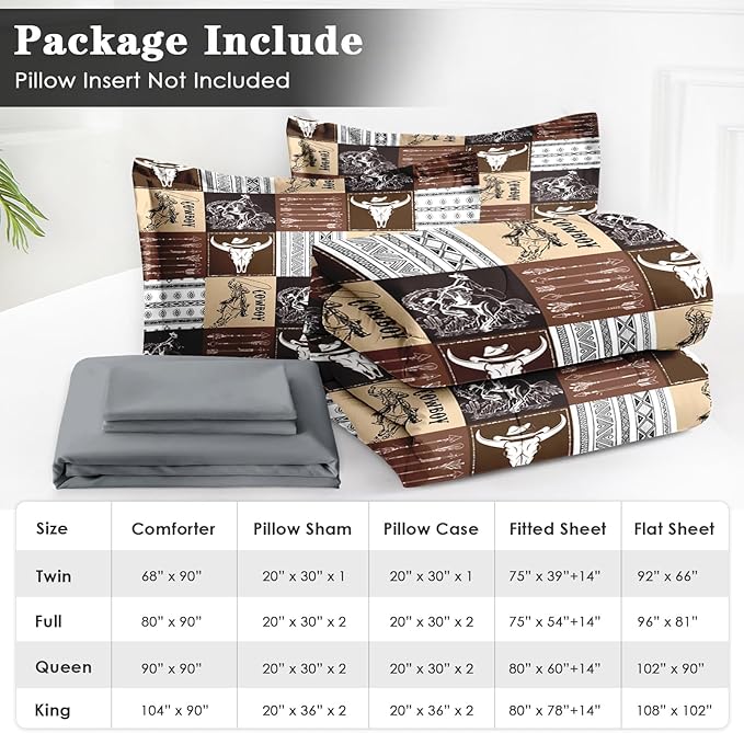 5 Pcs Twin Size Comforter Set with Pillowcase & Sham, Cowboy Vintage Brown Bedding for Kids and Adults, Western Bed in a Bag with Flat Fitted Sheet