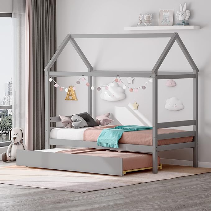 KOMFOTT Twin House Bed with Trundle, Solid Wood Playhouse Platform Bed Frame, Kids Daybed with Roof for Girls & Boys, No Box Spring Needed, Noise-Free Design, Easy Assembly, Grey