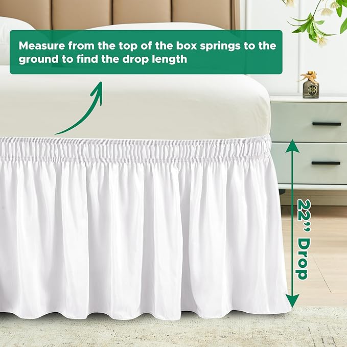 Biscaynebay Wrap Around Bed Skirts for Queen Beds 22" Long Drop, White Adjustable Elastic Dust Ruffles Easy Fit Wrinkle Resistant Silky Luxurious Fabric Machine Washable