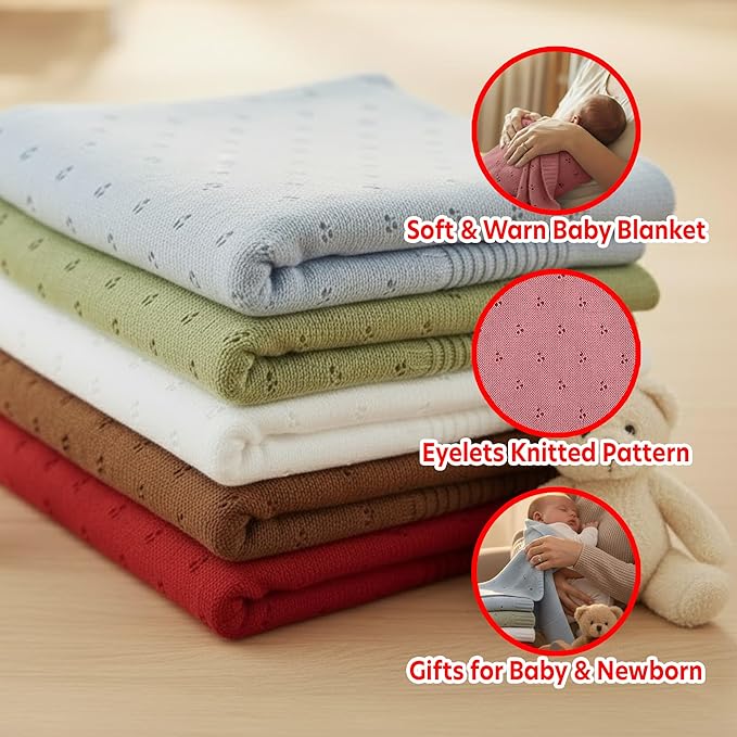 Baby Knit Blanket, 100% Cotton Eyelet Patterns, Soft, Cozy, Lightweight Swaddle for Newborn & Infant Swaddling Beige Neutral, Perfect Baby Shower Ideas Rose Pink 30x30