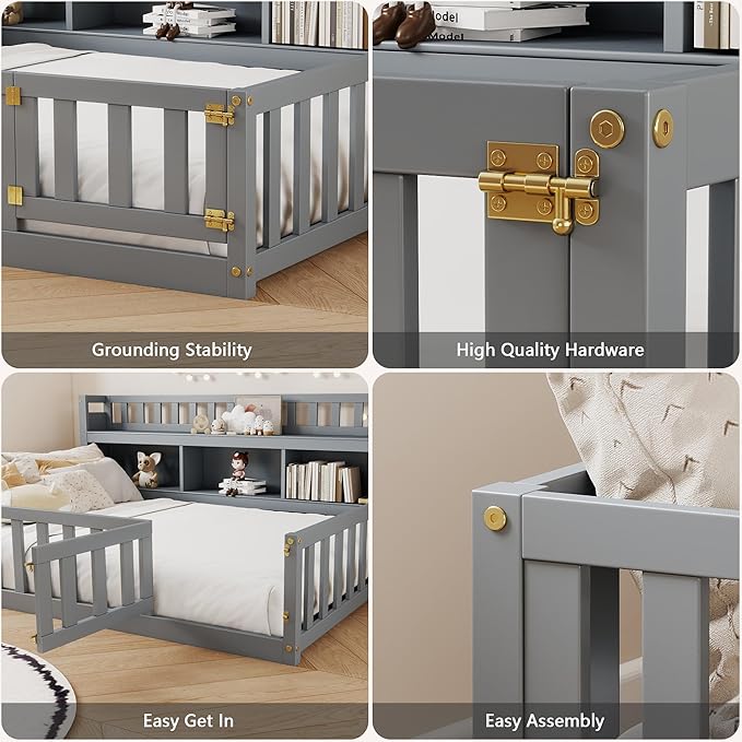 mikibama Full Size Floor Bed with Side Bookcase and Shelves, Montessori Floor Bed with Guardrails for Bedroom, Wood Full Floor Bed Frame with Storage for Girls, Boys, Grey