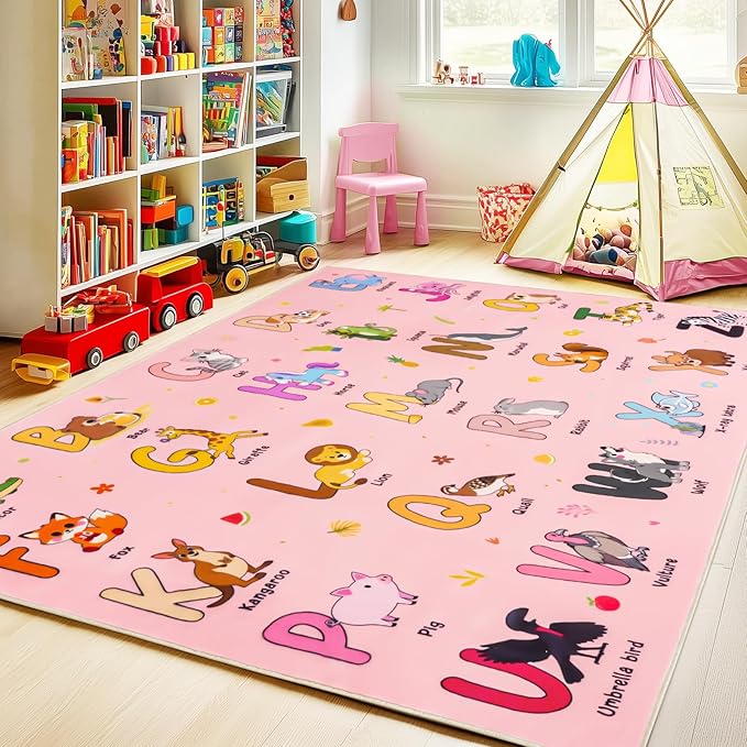 Kids Rugs for Playroom, 4x5 Feet Educational Rug for Learn The ABC Alphabet, Soft Machine Washable Non-Slip Cute Cartoon Animals Carpet for Classroom Toddler Nursery Kids Room Decor, Pink