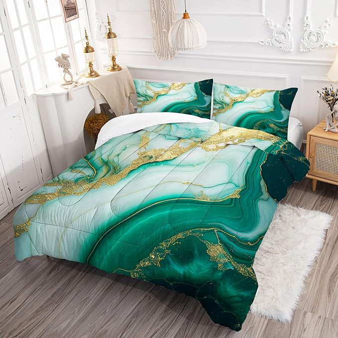 Comforter Set Green Marble: Twin Size Emerald Green Gold Bedding Set for Teen Girls Kids Adults Abstract Turquoise Watercolor Marbling Quilt Bed Sets 1 Comforter & 1 Pillowcase
