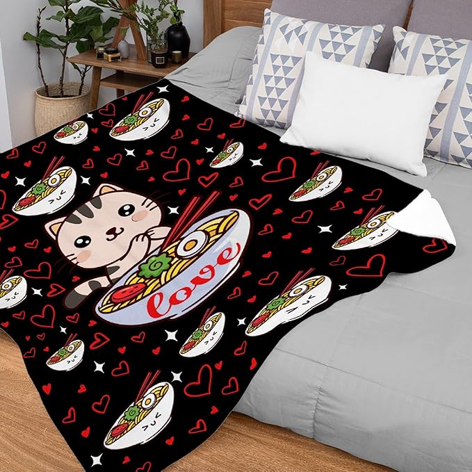 Thuswarm Kawaii Ramen Cat Red Heart Love Flannel Throw Blanket Warm Cozy Soft Funny Print Blankets for Bed Couch Sofa Room Decoration Gifts 60"×50" Medium for Teen