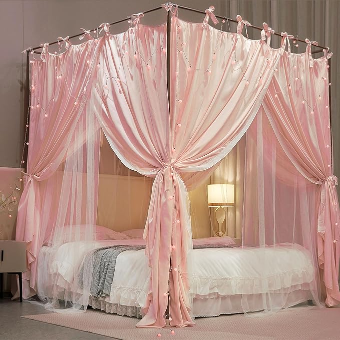 4 Corners Post Princess Curtain Bed Canopy Double Layer Cozy Mosquito Net Mesh and Cloth for Girls Adults Bedroom Decoration (Double-Beigepink/White, 78" W*86" L*82"*H/(King))