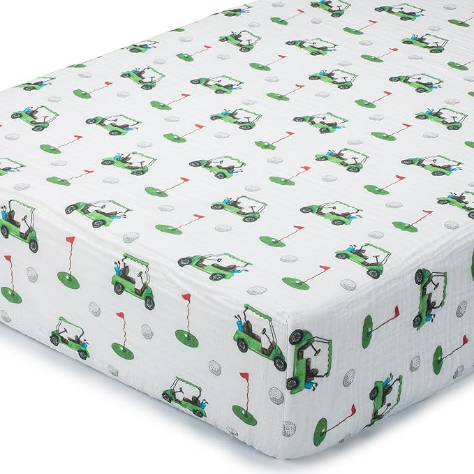 LollyBanks Muslin Crib Sheet 1 Pack, 100% Cotton Neutral Baby Crib Sheet for Standard 52"x28" Mattress, Soft Baby Fitted Sheets for Boys and Girls, Infant Bedding Essentials (Golf Cart Print)