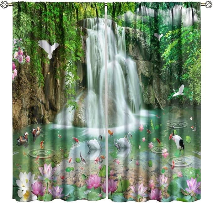 Scenery Waterfall Blackout Curtains, China Country Landscapes Nature Pattern Window Drapes, for Bedroom Living Room 52" W X 84" L
