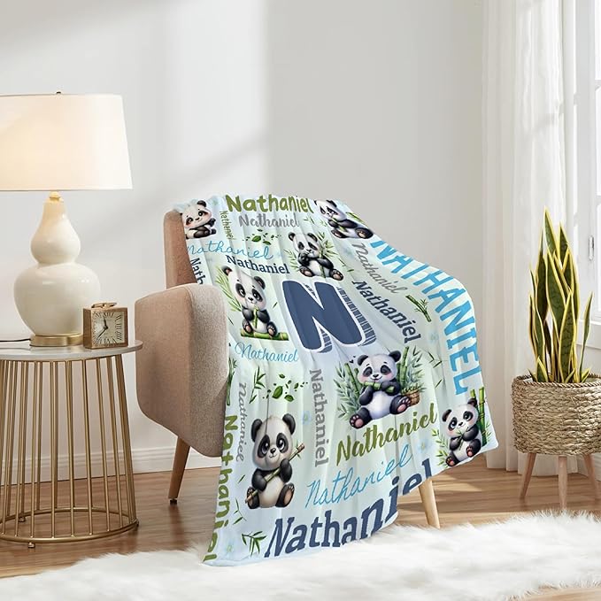 Personalized Custom Panda Blanket Gifts for Kids Boys Girls with Name - Customized Panda Super Soft Lightweight Flannel Sheets Decor for Crib Nap Couch - 90"x120" for Whole Family