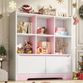 Kids Bookshelf and Toy Organizer, 2 Tier Kids Book Shelf for Kid Rooms with 2 Doors, 6 Cubes Storage Organizer,Wood Children Bookcase,Freestanding Toddler Book Display Shelf for Playroom WhitePink