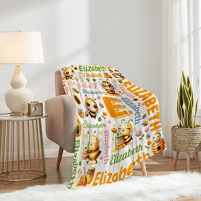 Personalized Custom Honey Bee Blanket Gifts for Kids Boys Girls with Name - Customized Honey Bee Super Soft Lightweight Flannel Sheets Decor for Crib Nap Couch - 60"x80" for Adult