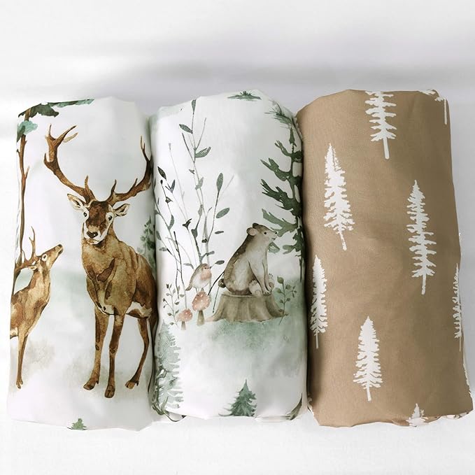 PHF 3 Pack Soft Bassinet Sheets, Woodland Breathable Comfy Cradle Sheets for Baby Boys Girls Neutral, No Slip Universal Fit for Most Cradle and Bassinet Mattress, Woodland