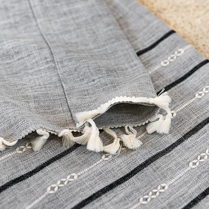 Deeprove Boho Style Curtains 96 inches Long, Vintage Bohemian Embroidery Striped Farmhouse Cotton Linen Fringe Window Treatments Bedroom Nursery Decor, W52 x L96, 1 Panel Dusty Grey and Stone Blue