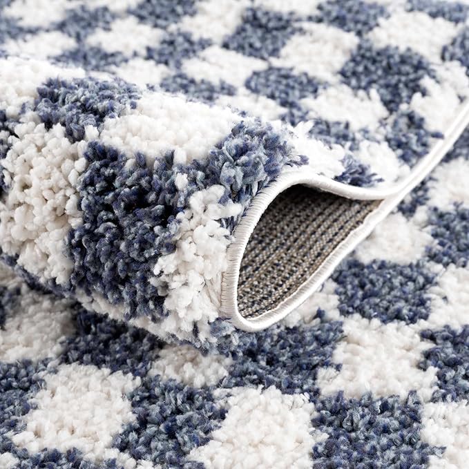 Hauteloom Kieu Contemporary Checkered Fluffy Shag Area Rug - Modern Geometric Soft Carpet Tiles for Living Room, Kids Room, Nursery - White, Blue - 8'10" x 12'