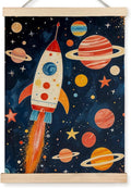 URLLUAE Rocket Ship Space Wall Art for Kids Room, Colorful Outer Space Planet Poster for Boys Bedroom Classroom Nursery Playroom Wall Decor, 12x16 Inch