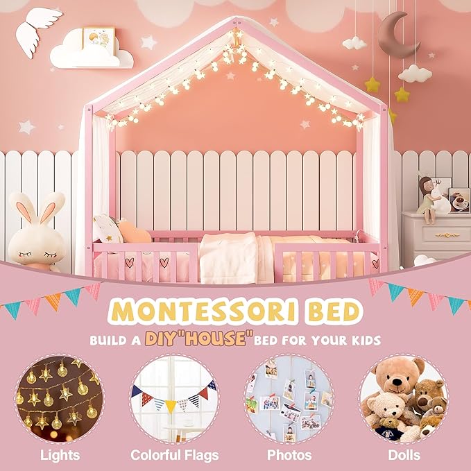 Montessori Floor Bed with Canopy, High Railings and Roof, Full Size Wood House Bed Frame for Kids Bedroom (Pink/C)