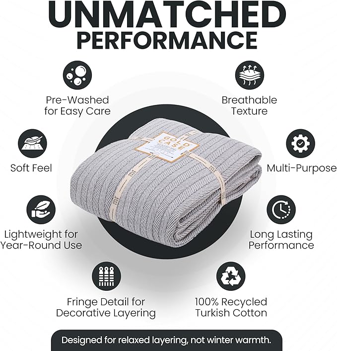 Gold Case Throw Blanket for Bed - 100% Recycled Turkish Cotton Blanket - Retro Lightweight Soft Throw Blankets for Bed & Living Room - Twin Size Cozy Blankets - 71x90 - Grey