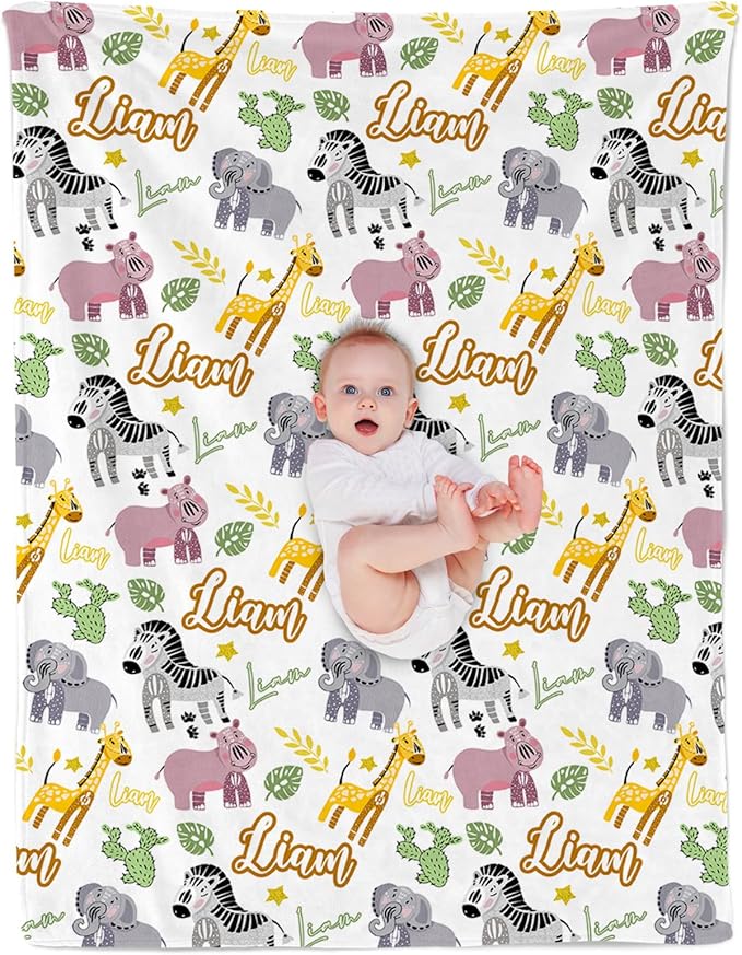Custom Safari Animals Blanket Gift, Personalized Baby Blanket with Name, Soft Plush Flannel/Sherpa Fleece Throw Blankets for Toddler Kid Teen Boys Girls Color02