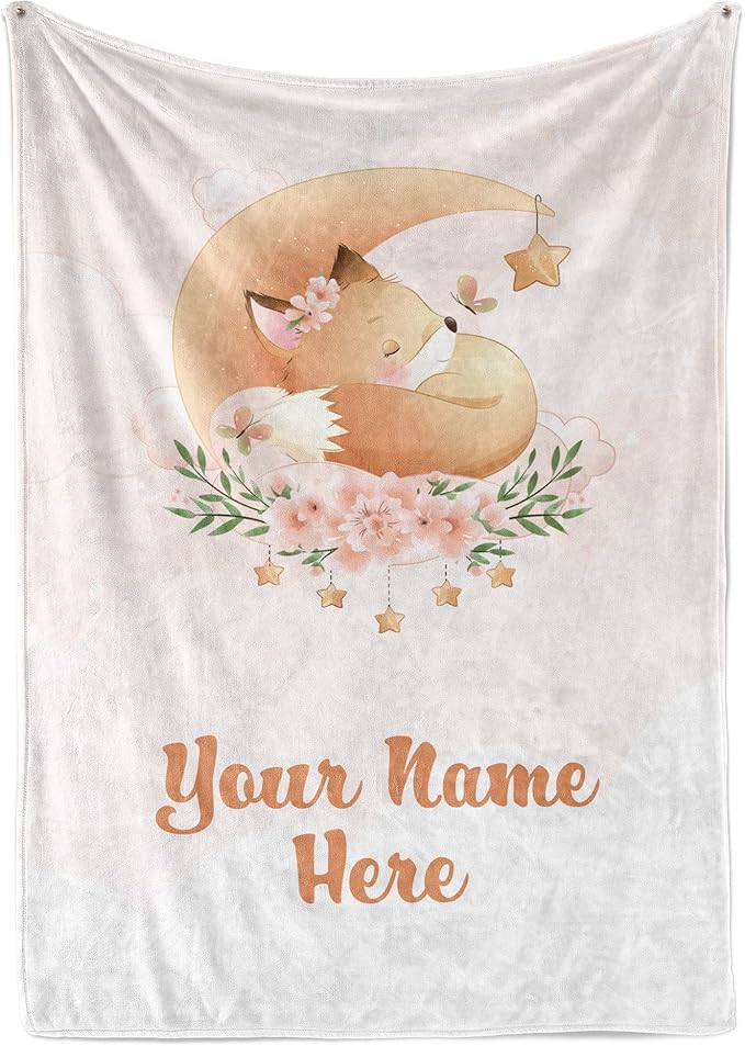 Personalized Baby Blankets with Name | Custom Fox Newborn Blanket for Baby Girl and Baby Boy | Unisex Warm Soft Fleece Swaddle Blanket Minky | (Fox, Fleece 50"x60")