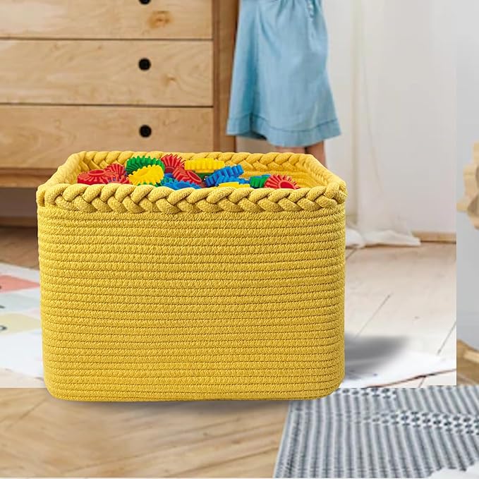 Small Woven Cotton Rope Basket for Storage, Gift Baskets for Handles, Cloth Storage Baskets for Organizing-13.5" x 11" x 9.5" home decor for Living Room, Bathroom（Yellow）