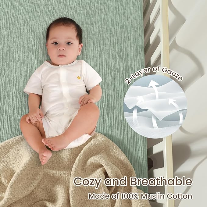 david's kids Muslin Crib Sheets for Boys Girls, 2 Pack 100% Cotton Soft Breathable Fitted Baby Neutral Sheet Set, Standard 52"x28" Crib and Toddler Mattress, Oat Milk & Sage Green