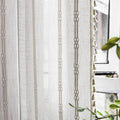Deeprove Boho Curtain 96 Inches Long for Bedroom, Sheer Ivory Cotton Linen White Stripes Embroidery Shabby Chic Hollow Geometric, Semi Blackout Window Vintage Drape Tassels, 1 Panel W52 x L96