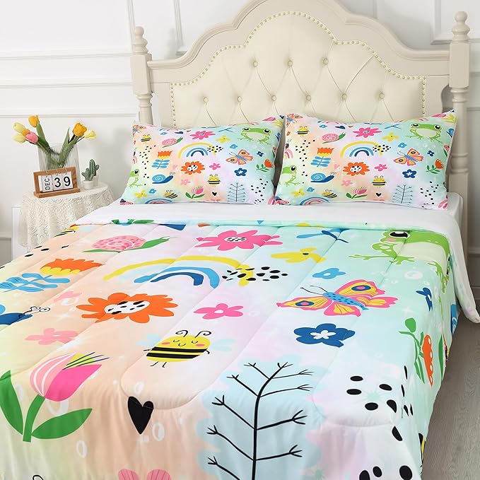 Rainbow Comforter Set Queen Size Cartoon Frogs Bedding Sets for Girls Kids Women Boys Flowers Butterfly Bees Snails Insects Cute Kawaii Quilt 1 Comforter + 2 Pillow Cases