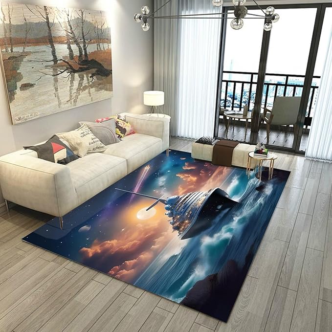 6' x 9' Nautical Ship Rug for Kids Room Galaxy Ferry Boat Rugs for Boys Bedroom Ocean Cloud Carpet Sun Planet Printed Throw Rugs for Teens Living Room,180x275cm
