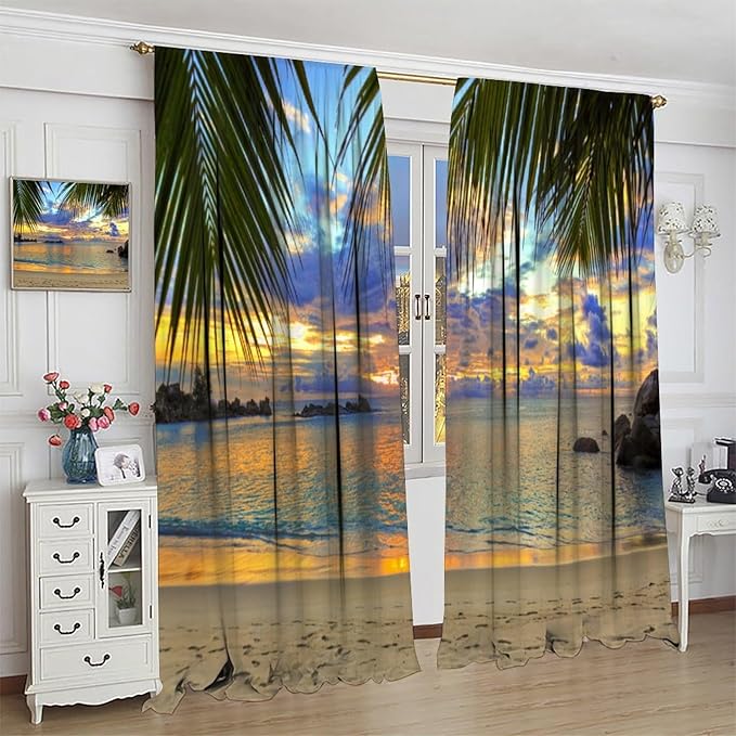 Ocean Beach Curtains,Sunset on Beach in The Evening Hawaiian Seaside Scene Pattern Blackout Print Home Bedroom Living Room Window Treatments 2 Panel Set 63x72 Inch