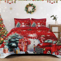 Christmas King Size Quilt Set, Red Cute Snowman Lightweight Bedspread Coverlet with Pillow Shams for Kids and Adults, Farmhouse Truck Snow 3 Pcs Bedding Bed Cover