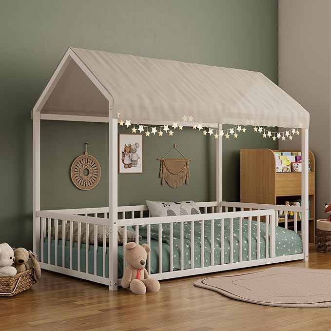 Twin Size Metal Floor Bed Frame,House Shaped Bed with Fence for Kids and Toddlers,Easy Assemble, No Slats,White