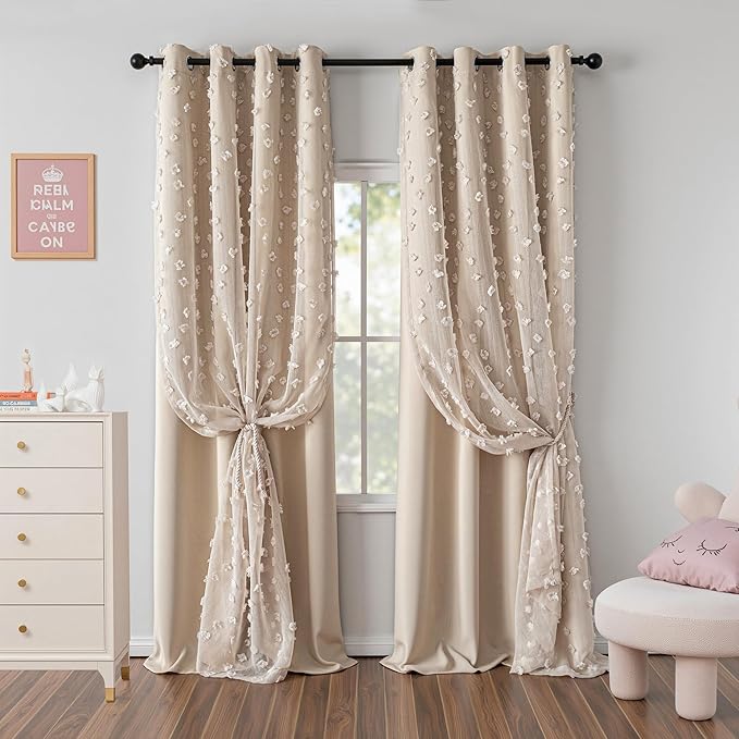 MYSKY HOME Beige Curtains for Bedroom 72 Inches Long Nursery Curtains Pom Pom Beige Sheer Curtains for Girls Room Double Layer for Toddler Bedroom Grommet Room Darkening Window Panels 52 x 72 Inch